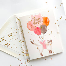 Load image into Gallery viewer, Happy Birthday Balloon Cat with Gold Confetti Greeting Card