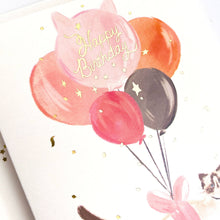 Load image into Gallery viewer, Happy Birthday Balloon Cat with Gold Confetti Greeting Card