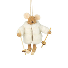 Load image into Gallery viewer, A13570-Felt ski mouse orn,wht puffy coat,wd skis/pole,4.75in
