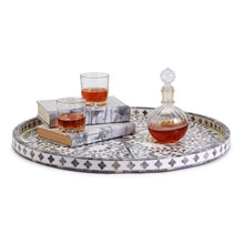 Load image into Gallery viewer, Jaipur Palace Gray and White Inlaid Decorative Round Serving Tray w/ metal Stand