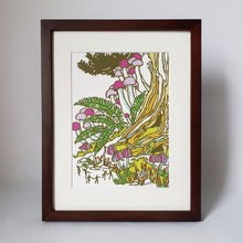 Load image into Gallery viewer, Mushroom Landscape Matted Art Print, Block Print Artwork