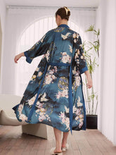 Load image into Gallery viewer, Garden Crane Blue Kimono Robe: Blue / One Size Fits from S to XL