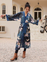 Load image into Gallery viewer, Garden Crane Blue Kimono Robe: Blue / One Size Fits from S to XL