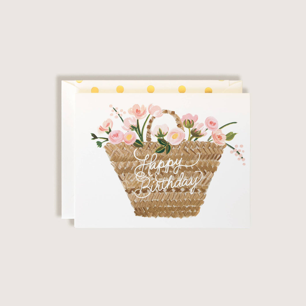 Happy Birthday Tote Basket with Flowers Greeting Card