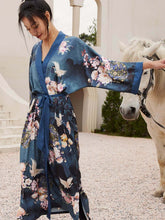 Load image into Gallery viewer, Garden Crane Blue Kimono Robe: Blue / One Size Fits from S to XL
