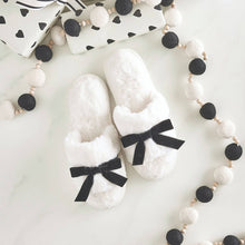 Load image into Gallery viewer, Plush Velvet Bow Slippers - Ivory + Black Velvet Bow: 100% Polyester / Size (7-8)
