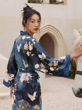 Load image into Gallery viewer, Garden Crane Blue Kimono Robe: Blue / One Size Fits from S to XL
