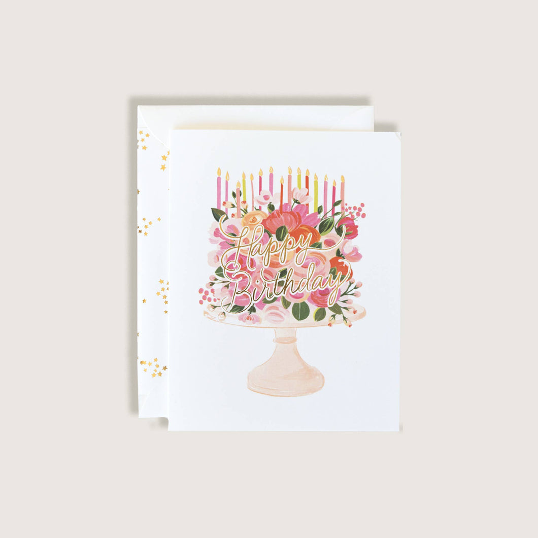 Happy Birthday Cake with Flowers and Candles Greeting Card