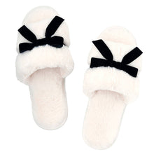 Load image into Gallery viewer, Plush Velvet Bow Slippers - Ivory + Black Velvet Bow: 100% Polyester / Size (7-8)
